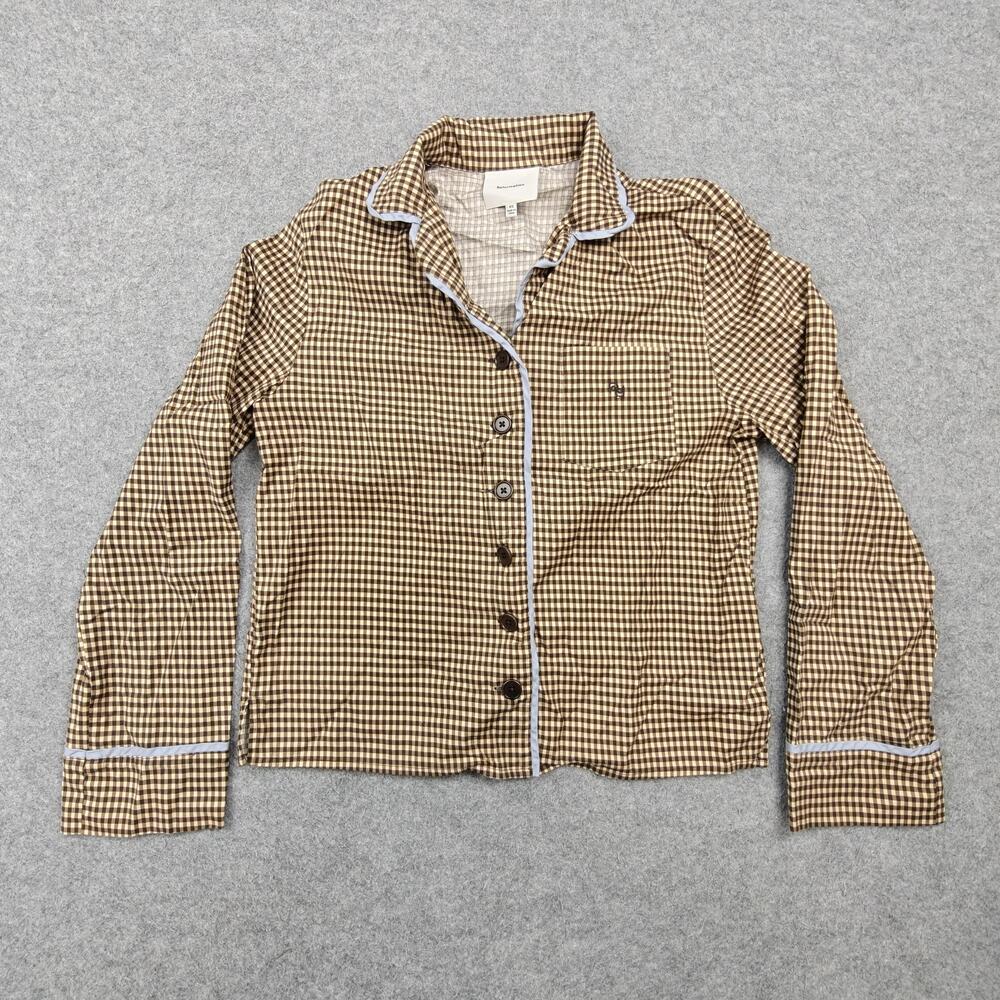 Reformation Pajama Top Womens XS Brown Check Collared Button Embroidered